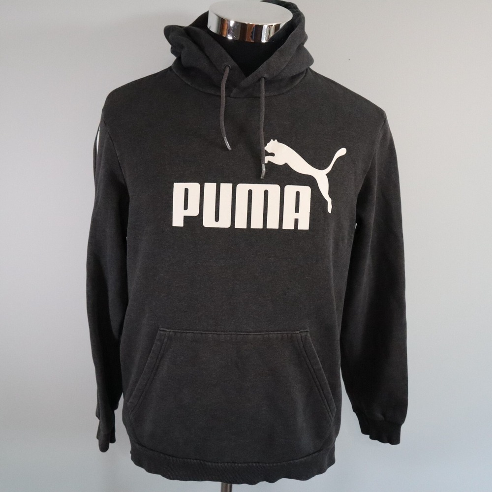 Puma Hoodie Mens Medium Pullover Fleece Sweatshirt‎ Logo Dark Gray Long Sleeve